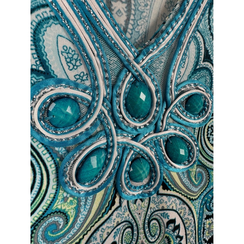 JM Collection Blouse Womens Petite L Blue Paisley Beaded Soutache 3/4 Sleeve Top - Picture 5 of 11